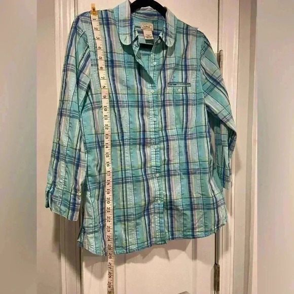 L.L. Bean Women’s Turquoise Textured Cotton Plaid 3/4 Sleeve Button Down Size S - Picture 7 of 8